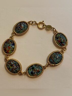 VINTAGE ACCESSOCRAFT NYC BRACELET GOLD TONE BLUE MULTICOLOR GLASS LINKS 7”